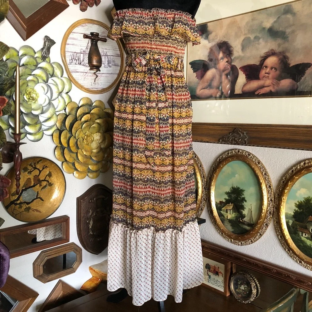 PREOWNED Belle Du Jour Multicolor Off-Shoulder Maxi Dress SZ L - Picture 2 of 6